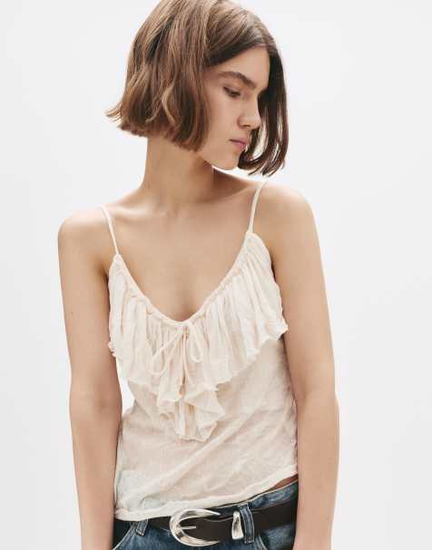 Pull&Bear - Top asimmetrico beige con spalline sottili e volant - view 1