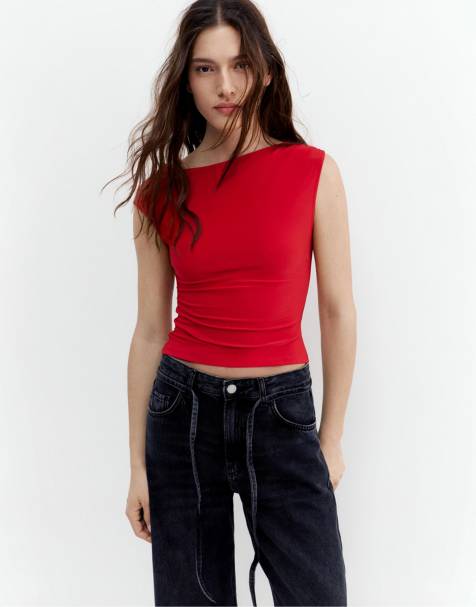 Pull&Bear - Top asimmetrico raccolto color fragola - view 1