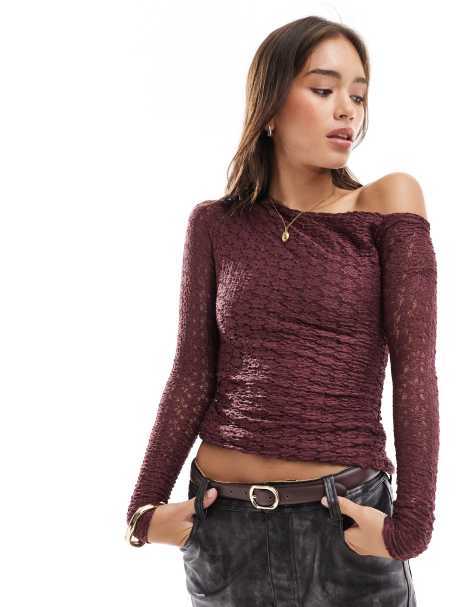 Pull&Bear - Top asymétrique en dentelle - Violet bordeaux - view 1