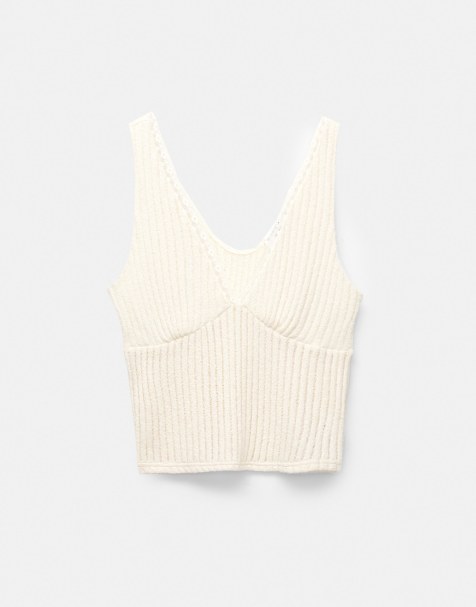 Pull&Bear - Top beige in maglia con dettaglio in pizzo - view 1