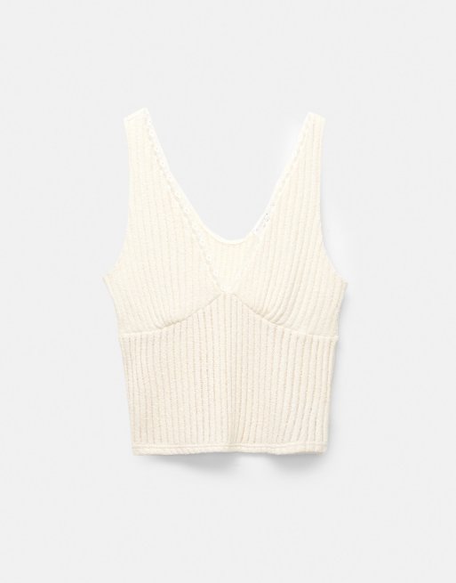 Pull&Bear - Top beige in maglia con dettaglio in pizzo