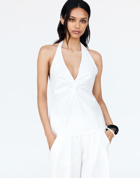 Pull&Bear - Top bianco allacciato al collo con scollo a V - view 1
