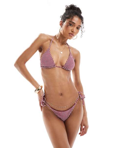Pull&Bear - Top bikini a triangolo bordeaux a quadretti - view 1