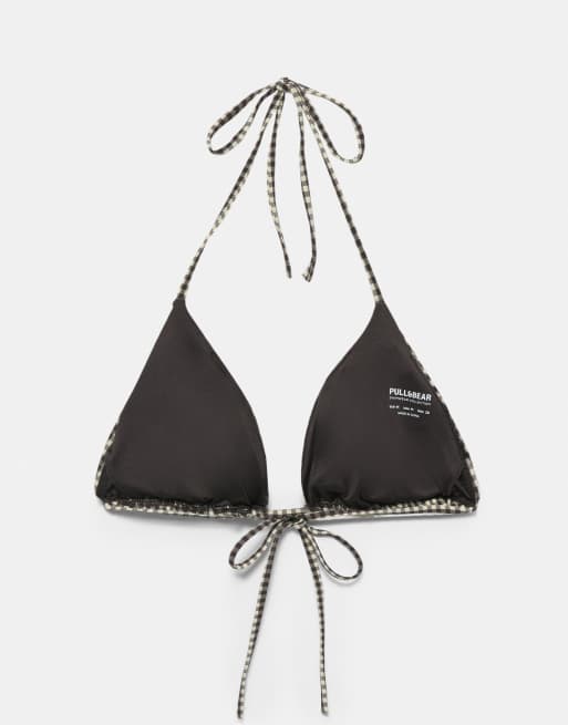 Pull&Bear - Top bikini marrone a quadretti, 3 di 4