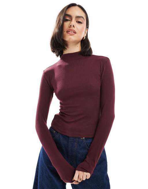 Pull&Bear - Top bordeaux a maniche lunghe con scollo a barchetta