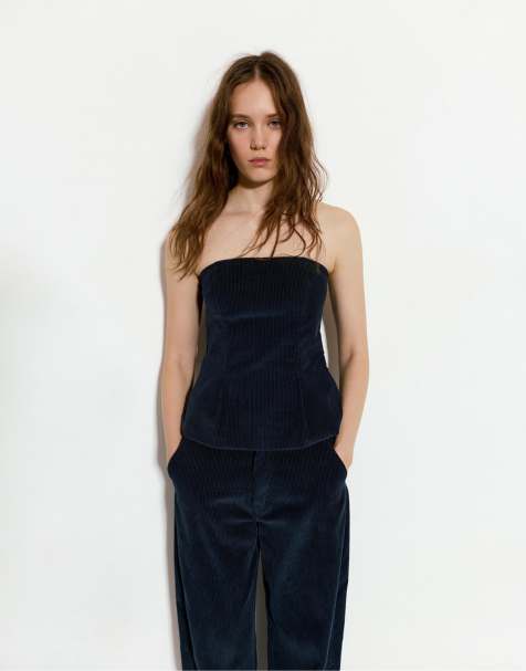 Pull&Bear - Top bustier en velours côtelé - Bleu - view 1