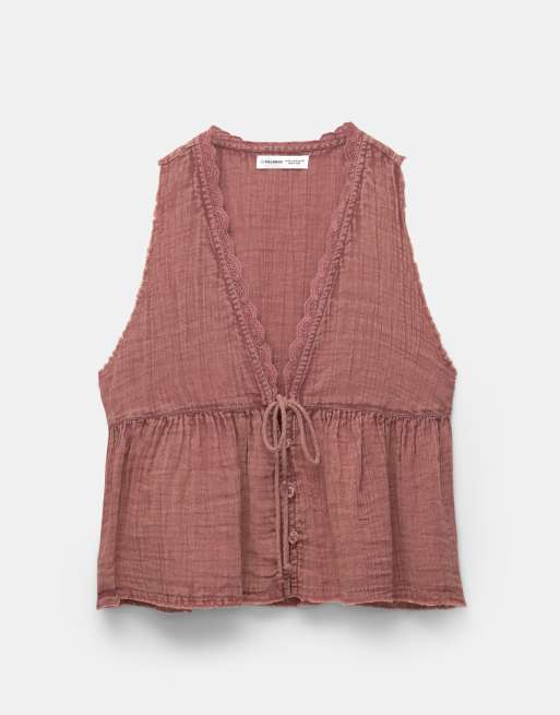 Pull&Bear - Top champêtre avec bordure en dentelle - Bordeaux