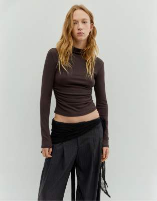 Pull & Bear - Top col montant - Marron-Brown S