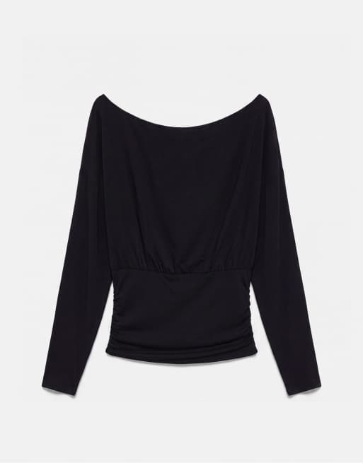 Pull&Bear top con scollo a barchetta e fascia in vita nero, 6 di 7