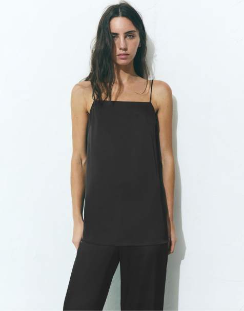 Pull&Bear - Top con spalline sottili in tessuto satinato nero - view 1