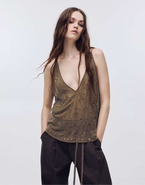 Pull&Bear - Top con spalline sottili marrone con perline - view 1