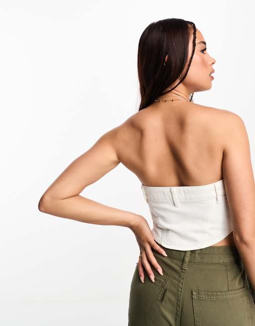 Pull&Bear - Top corset bandeau en jean - Blanc, 3 de 4