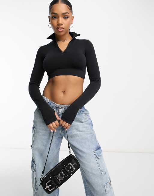 Pull&Bear - Top corto a maniche lunghe nero aderente effetto seconda pelle in coordinato