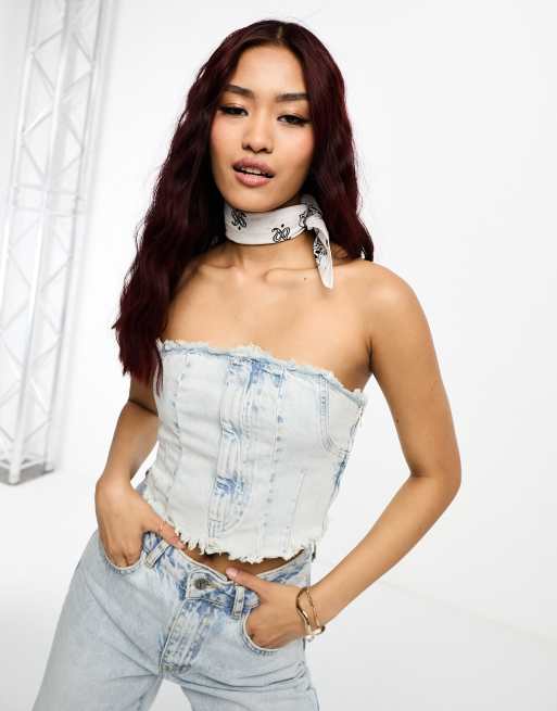 Pull Bear Top d ensemble facon corset en jean avec bords effiloches Bleu delave clair