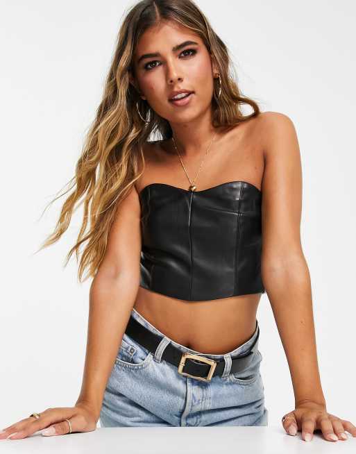 Pull&Bear - Top d'ensemble façon corset en similicuir - Noir 