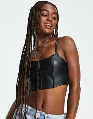 Pull&Bear - Top d'ensemble façon corset en similicuir - Noir 