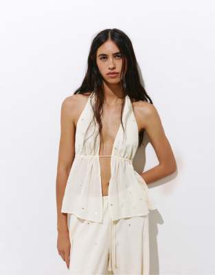 Pull & Bear - Top dos nu à détails miroirs - Vanille-Neutral S