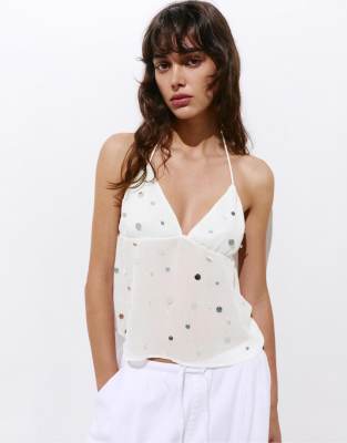 Pull & Bear - Top dos nu à ornements effet miroir - Blanc L