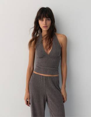 Pull & Bear - Top dos nu en crépon - Marron-Brown XL