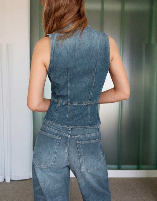 Pull&Bear top dos nu en jean à coutures bleu foncé, 2 de 6