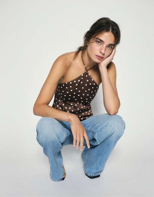 Pull&Bear top dos nu en satin à pois marron, 4 de 7