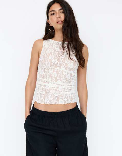 Pull&Bear - Top en dentelle froncé sur les côtés - Beige - view 1