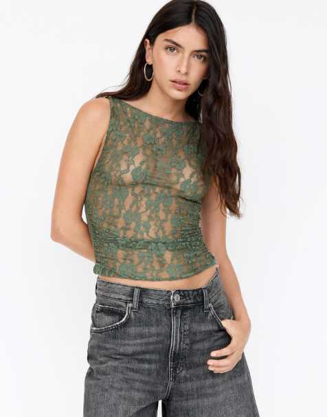Pull&Bear - Top en dentelle froncé sur les côtés - Kaki - view 1