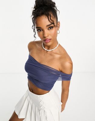 Pull&Bear off the shoulder mesh top in blue - ASOS Price Checker