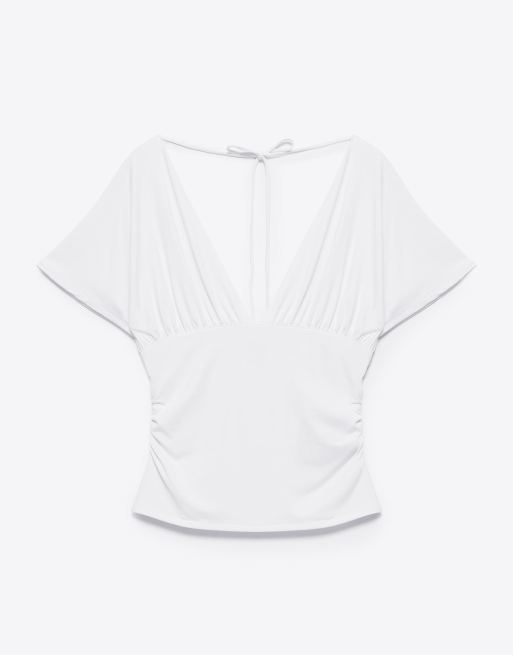 Pull&Bear - Top froncé à col V - Blanc, 6 de 7