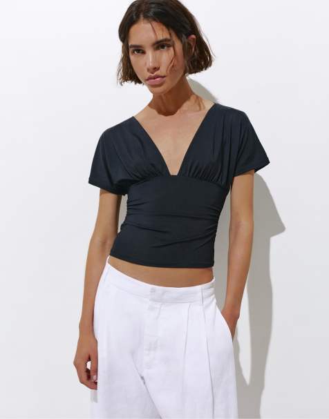 Pull&Bear - Top froncé à col V - Noir - view 1