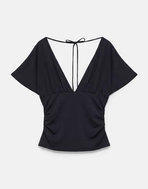Pull&Bear - Top froncé à col V - Noir, 5 de 7