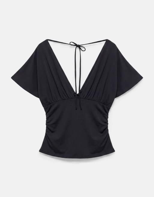 Pull&Bear - Top froncé à col V - Noir, 7 de 7