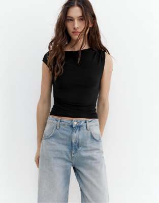 Pull & Bear - Top froncé asymétrique - Noir M