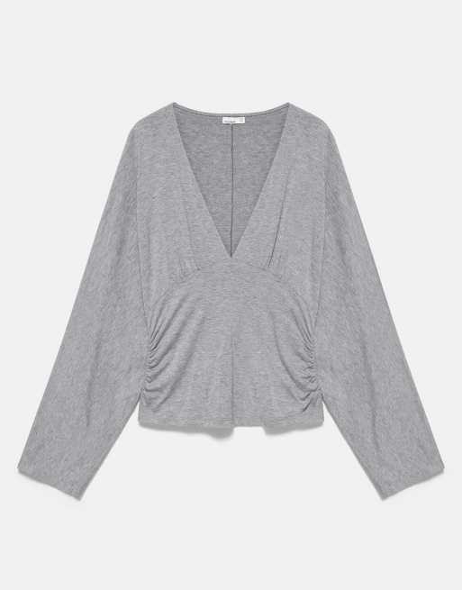 Pull&Bear top froncé col V gris chiné, 5 de 7