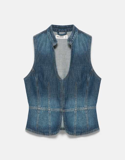 Pull&Bear top halter in denim con cuciture blu scuro, 4 di 6