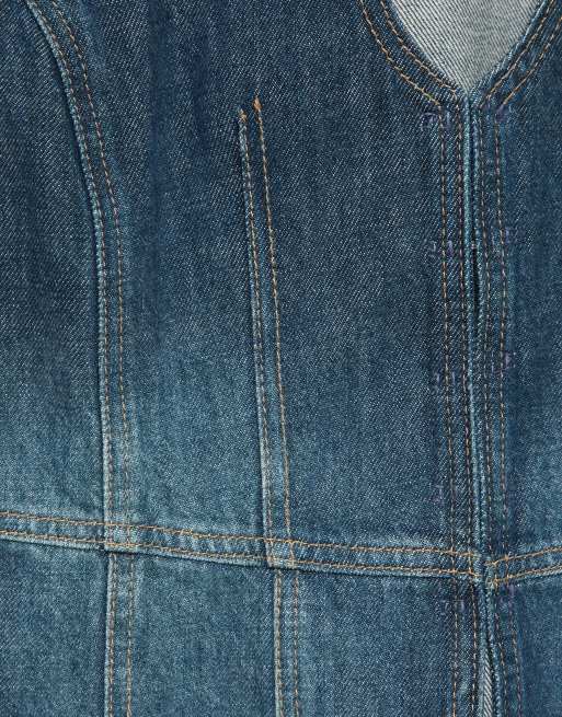 Pull&Bear top halter in denim con cuciture blu scuro, 5 di 6
