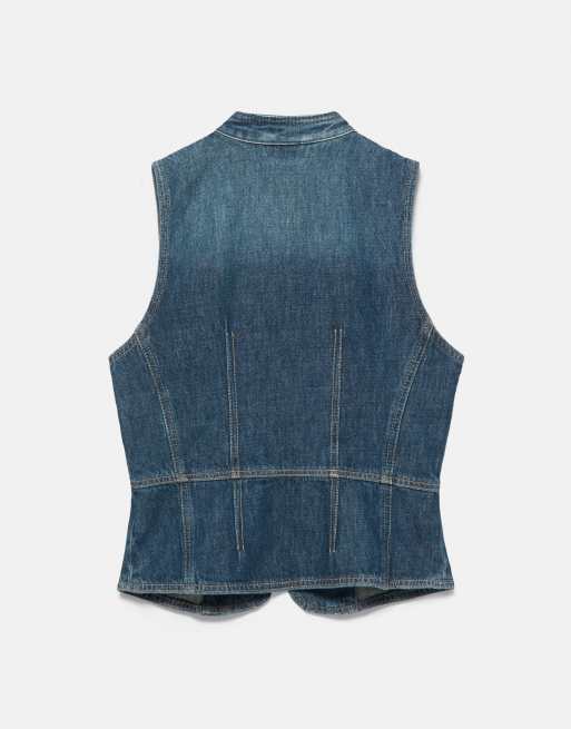 Pull&Bear top halter in denim con cuciture blu scuro, 6 di 6