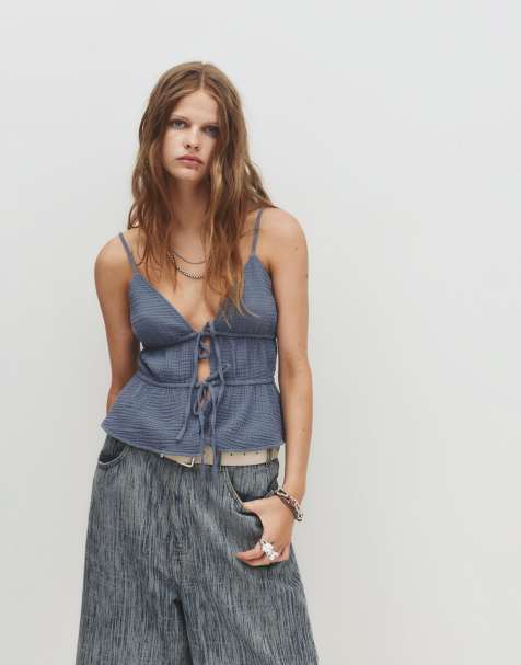 Pull&Bear - Top in crêpe con spalline sottili e laccetti blu acciaio - view 1