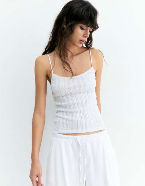 Pull&Bear - Top in maglia traforata bianco con spalline sottili - view 1