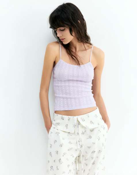 Pull&Bear - Top in maglia traforata lilla con spalline sottili - view 1