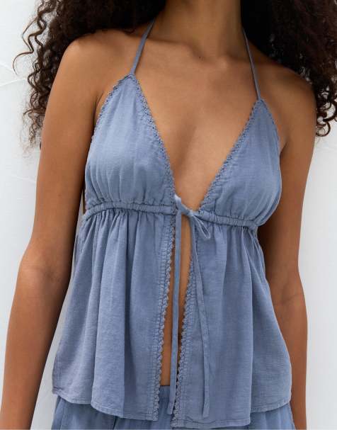 Pull&Bear - Top in misto lino blu medio con dettagli allacciati - view 1