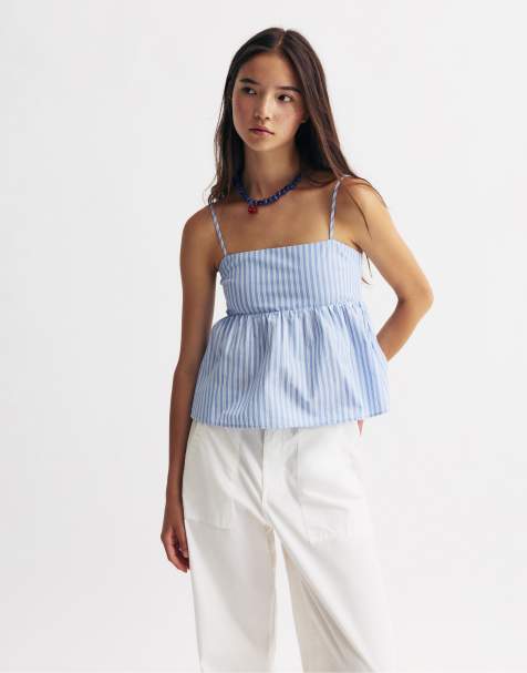 Pull&Bear - Top in popeline a righe blu - view 1