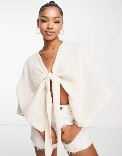 Pull&Bear - Top kimono corto in lino rustico écru con laccetti sul davanti