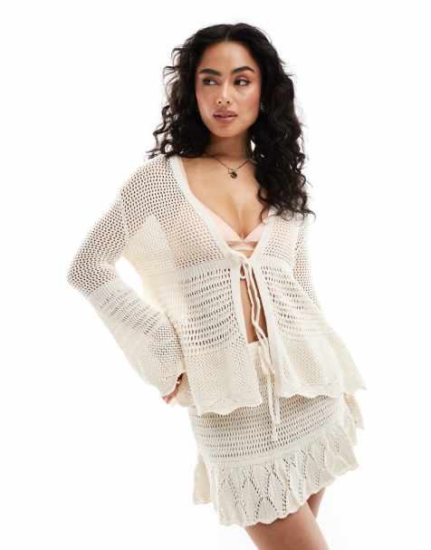 Pull&Bear - Top manches longues d'ensemble en maille crochetée - Écru - view 1