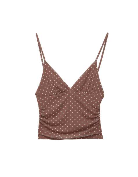 Pull&Bear - Top marrone a pois con spalline sottil - view 1