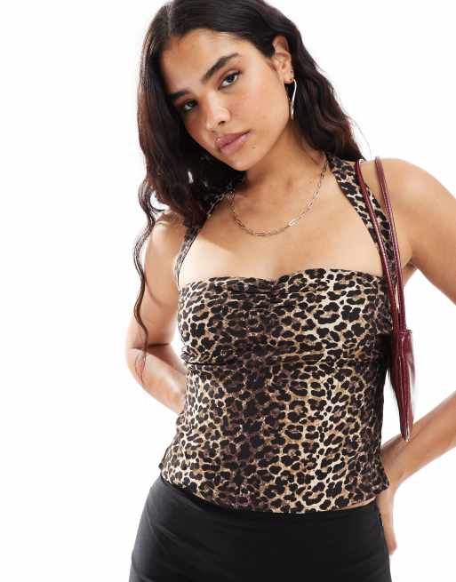 Pull&Bear - Top med halterneck og rynket bryst i leopardprint