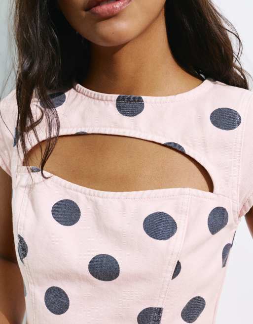 Pull&Bear top med polkaprikker og udskæringer i pink, 4 af 7