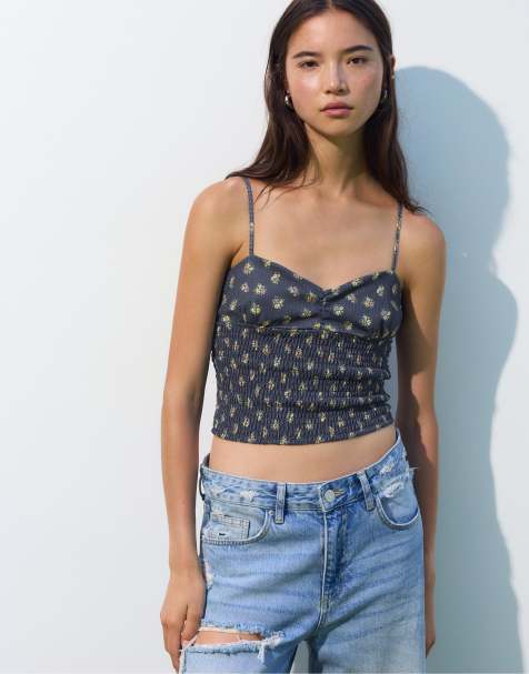 Pull&Bear - Top met bandjes en bloemenprint in marineblauw - view 1