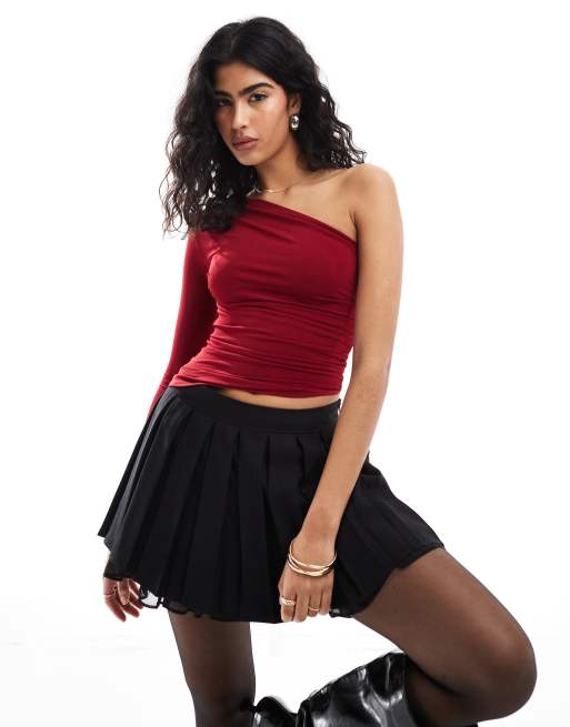 Pull&Bear - Top met blote schouder en gerimpelde zijkant in donkerrood