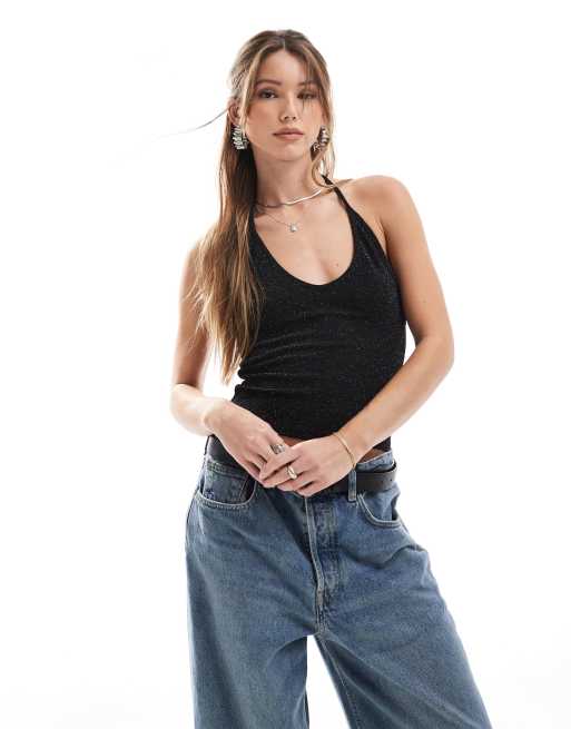Pull&Bear - Top met halternek en glitter in zwart